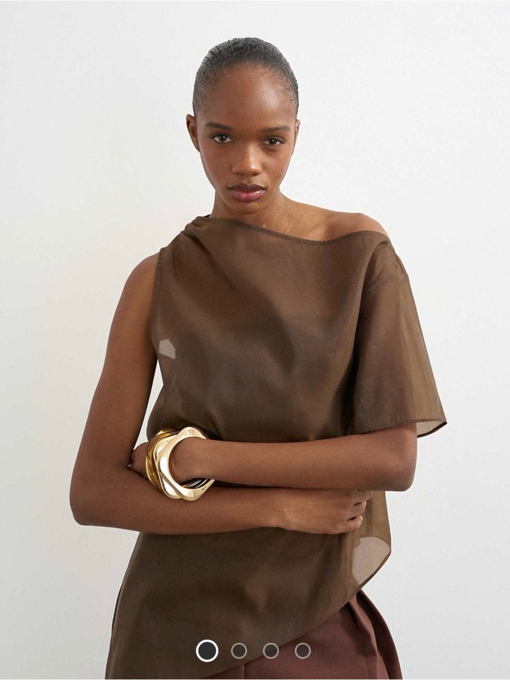 Topshop One-Shoulder Organza Sheer Brown Blouse